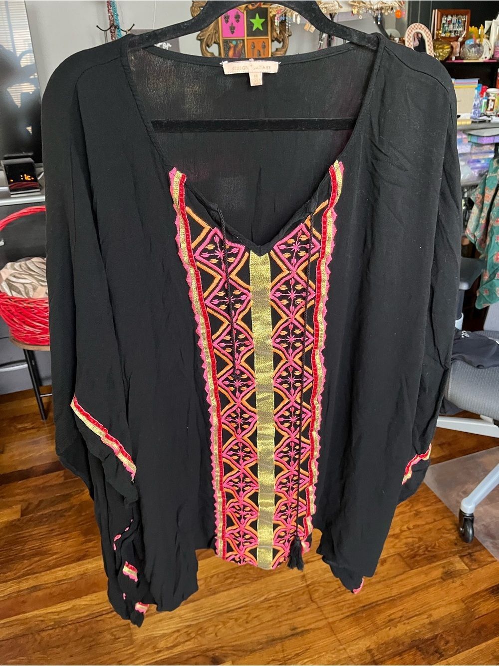 Gibson Latimer Black Tunic with Pink and Gold Embroidered Front